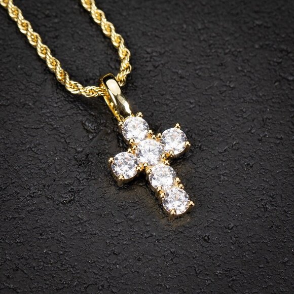 Mini Micro Elegant Yellow Gold Plated Iced Pointer Cross Pendant Necklace - Picture 4 of 6